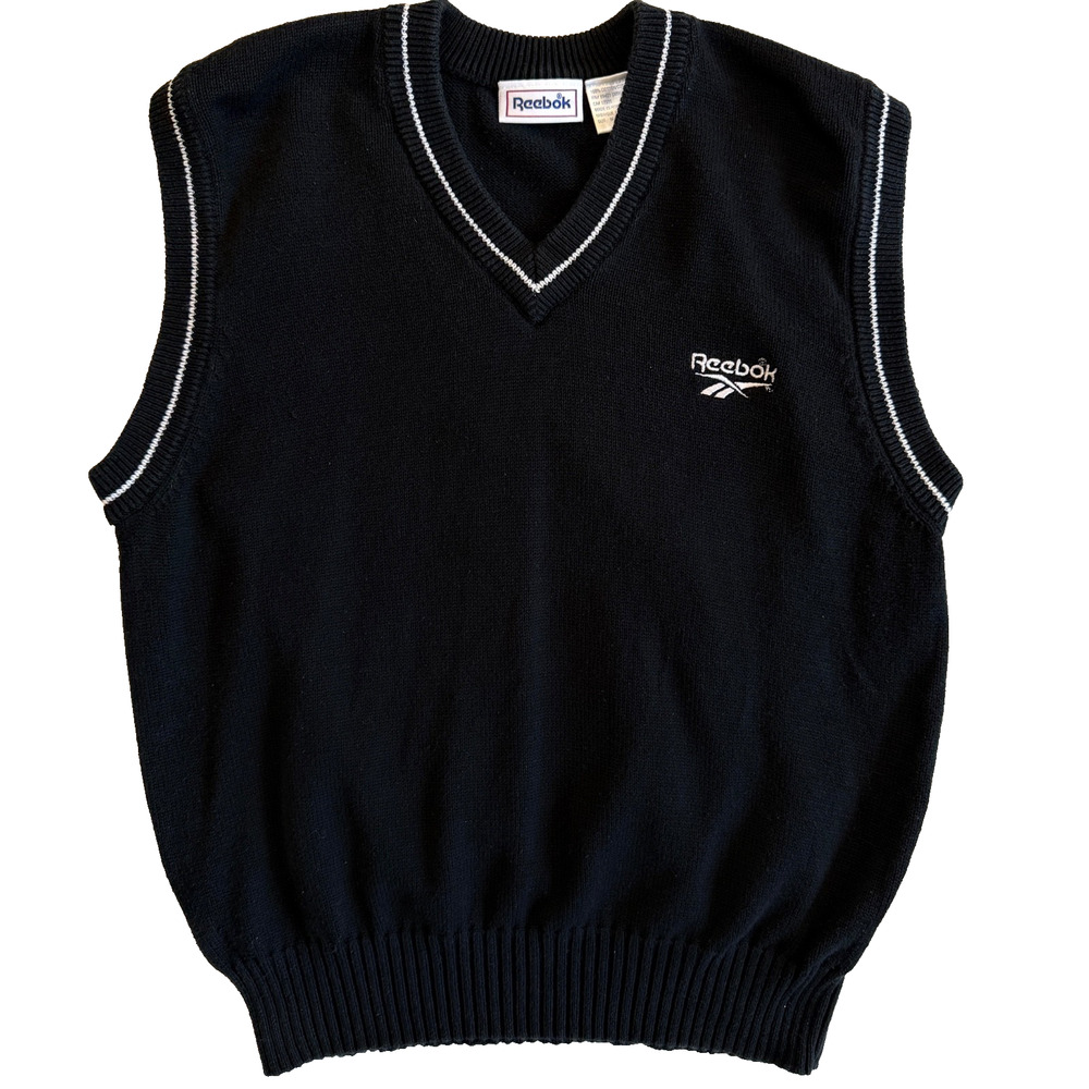 Vintage Reebok Mens Sweater Vest Black V-Neck Cotton Knit Size M Hong Kong Y2K